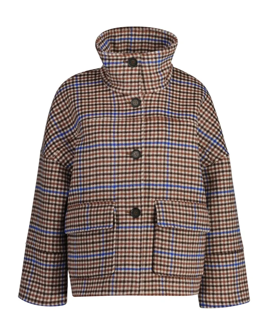 Checked Cropped Wool Jacket - College Blue