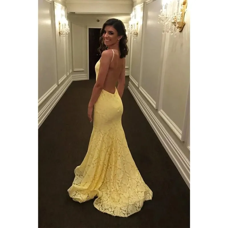 Chic Jewel Yellow Lace Mermaid Prom Dress Backless Formal Evening Gowns