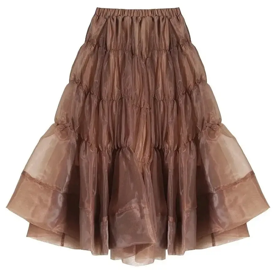 Chiffon High Waist Brown Ruffled Midi Skirts