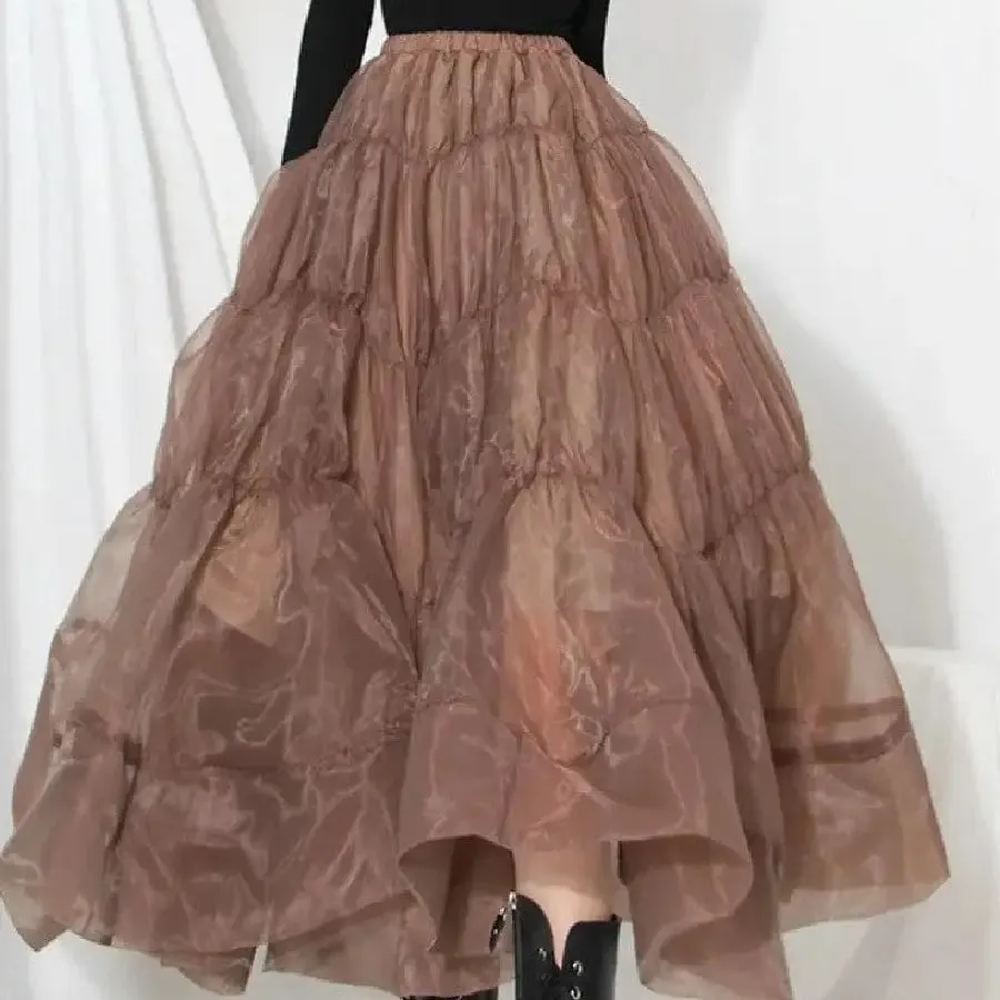 Chiffon High Waist Brown Ruffled Midi Skirts