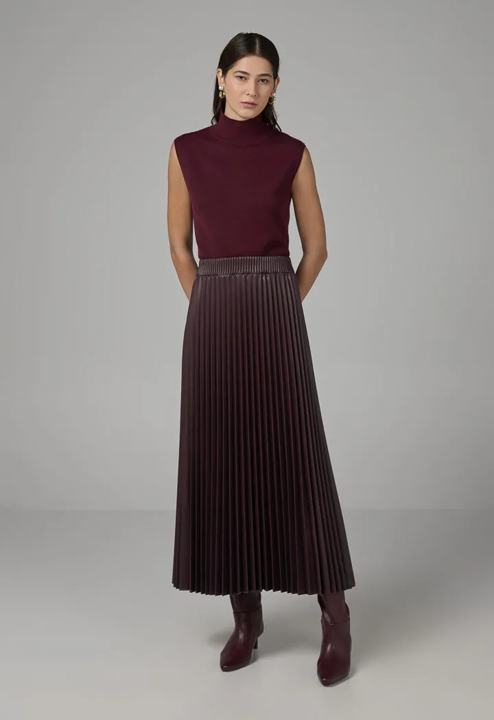 Choice Pleated Pu Leather Solid Skirt Burgundy