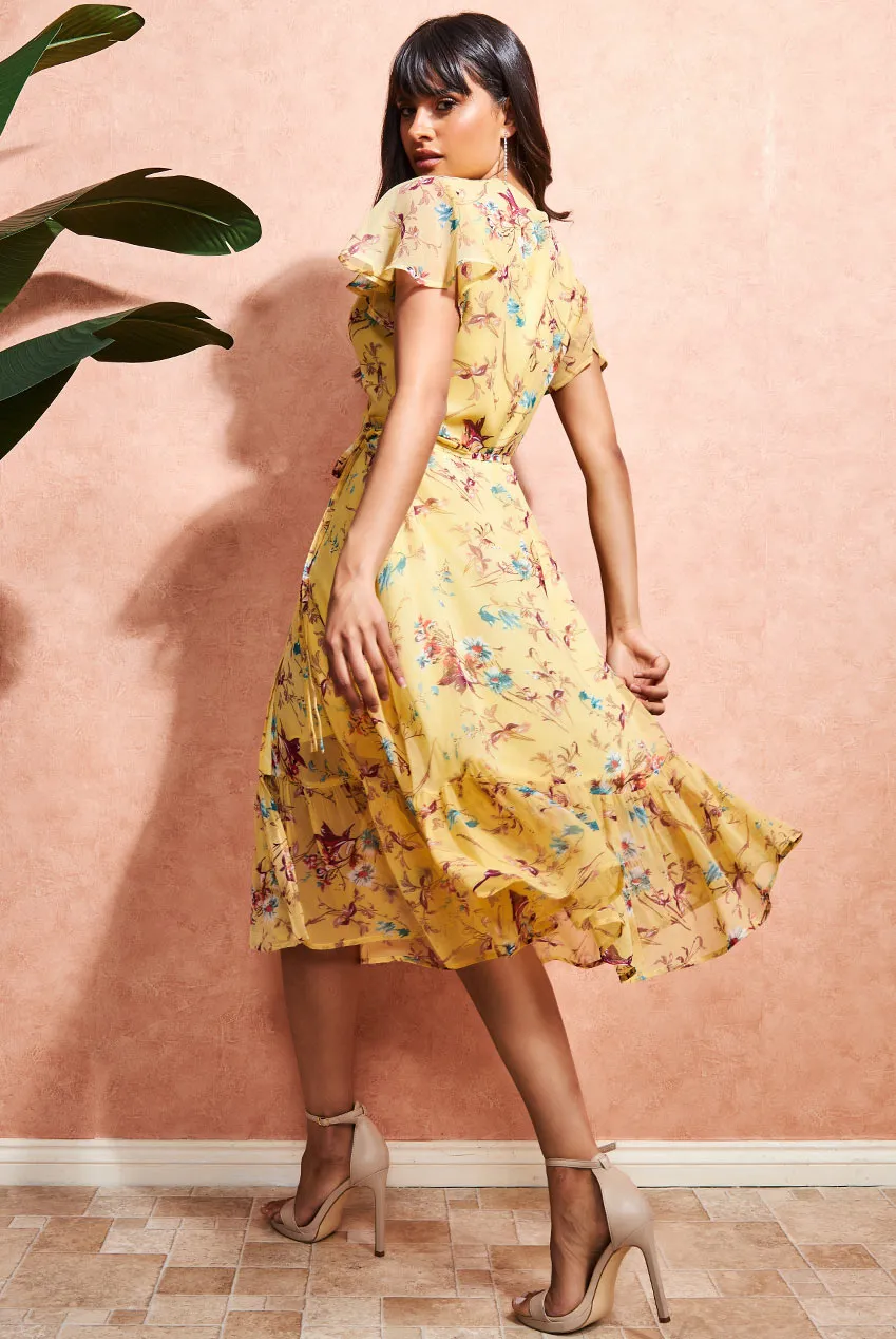 City Goddess Floral Printed Chiffon Flutter Sleeve Midi Dress