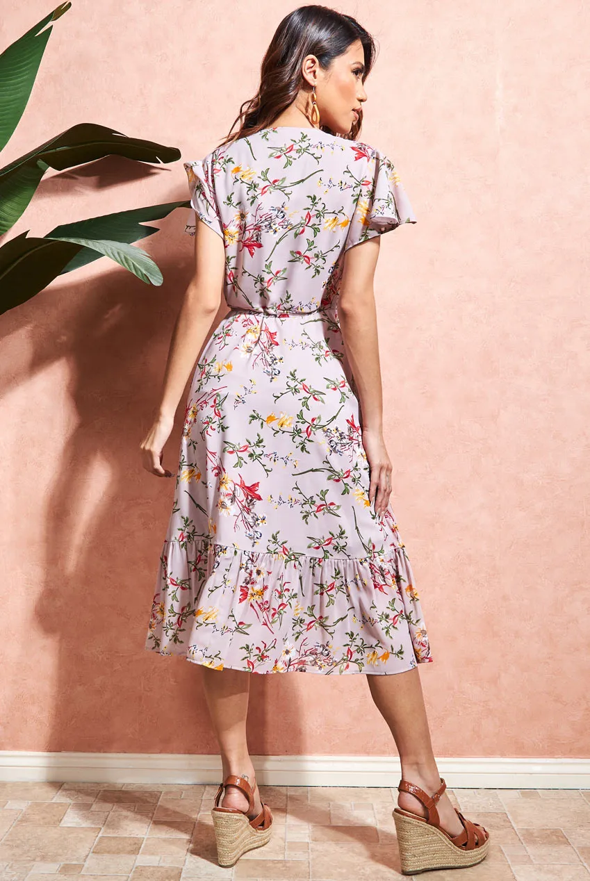 City Goddess Floral Printed Chiffon Flutter Sleeve Midi Dress