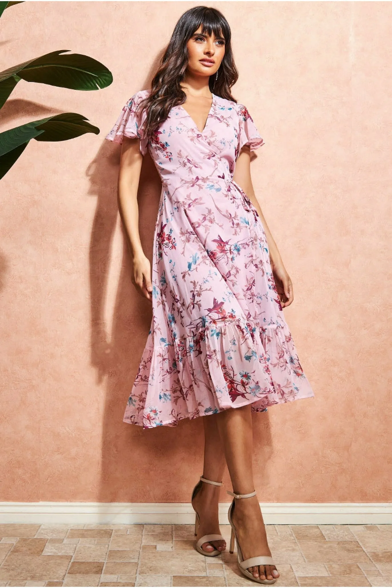 City Goddess Floral Printed Chiffon Flutter Sleeve Midi Dress