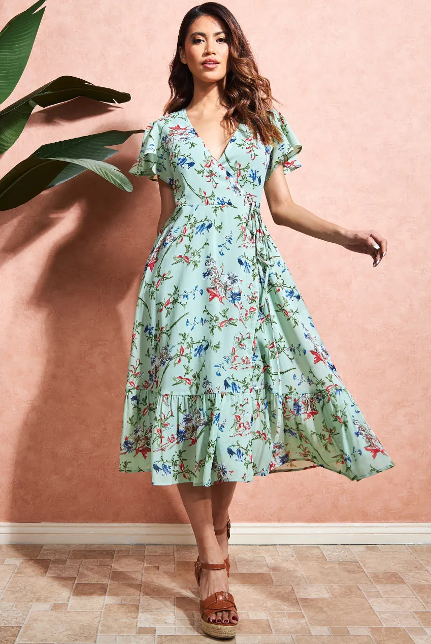 City Goddess Floral Printed Chiffon Flutter Sleeve Midi Dress