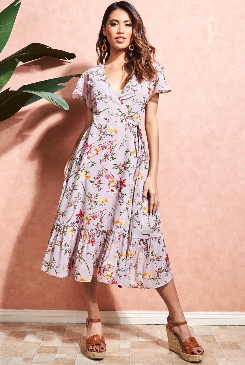 City Goddess Floral Printed Chiffon Flutter Sleeve Midi Dress