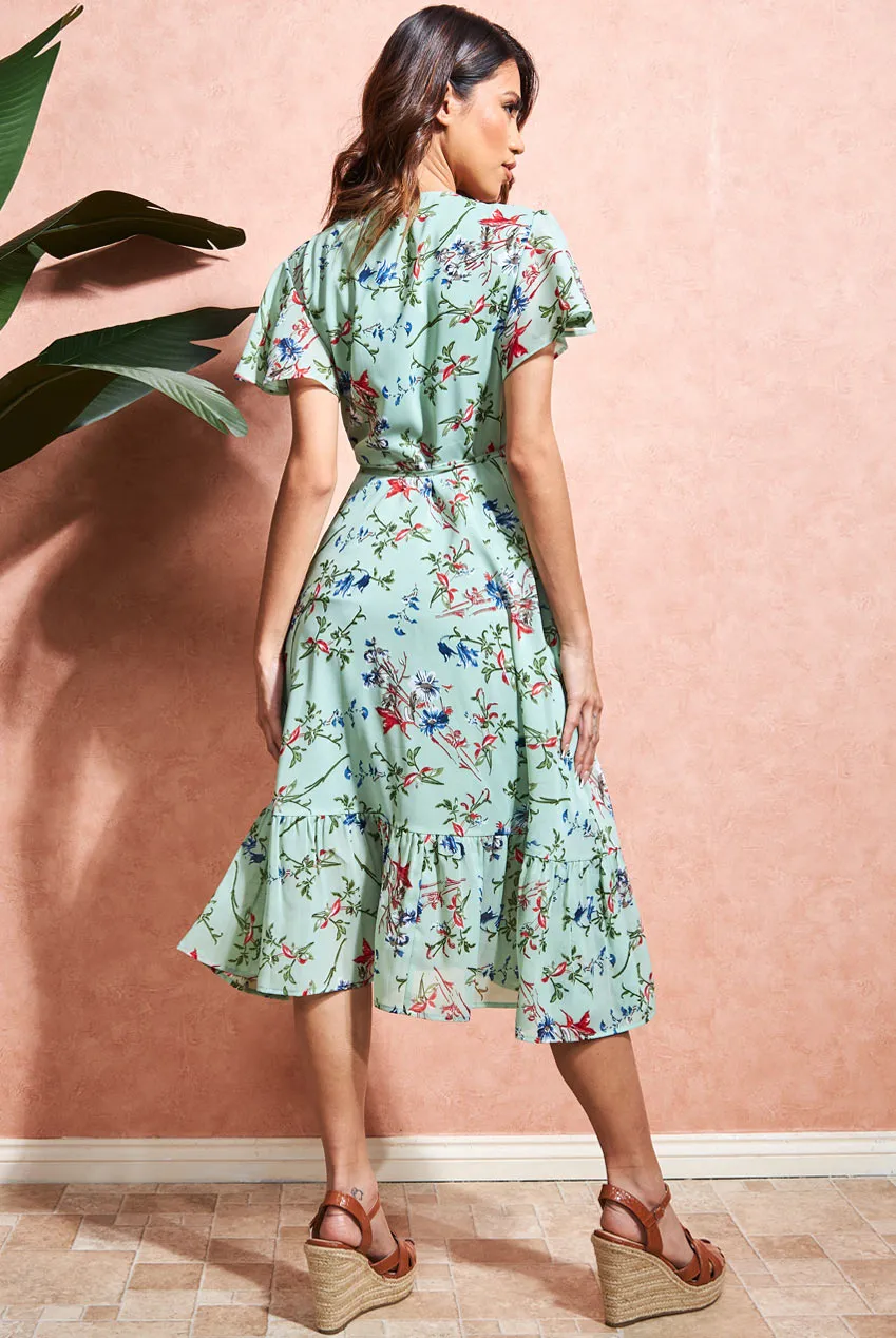 City Goddess Floral Printed Chiffon Flutter Sleeve Midi Dress