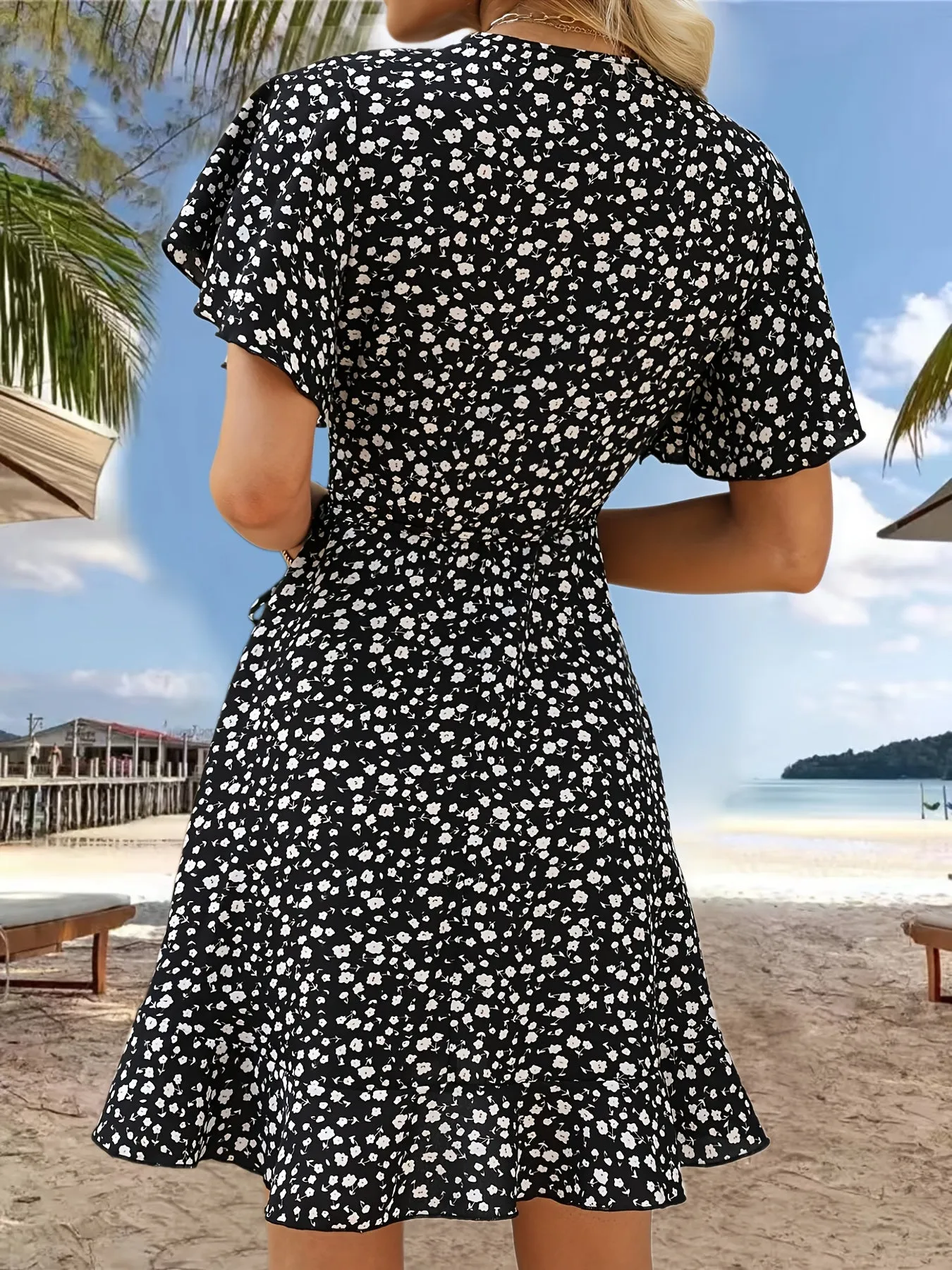 Claire™ Floral Print Ruffle Hem Wrap Dress