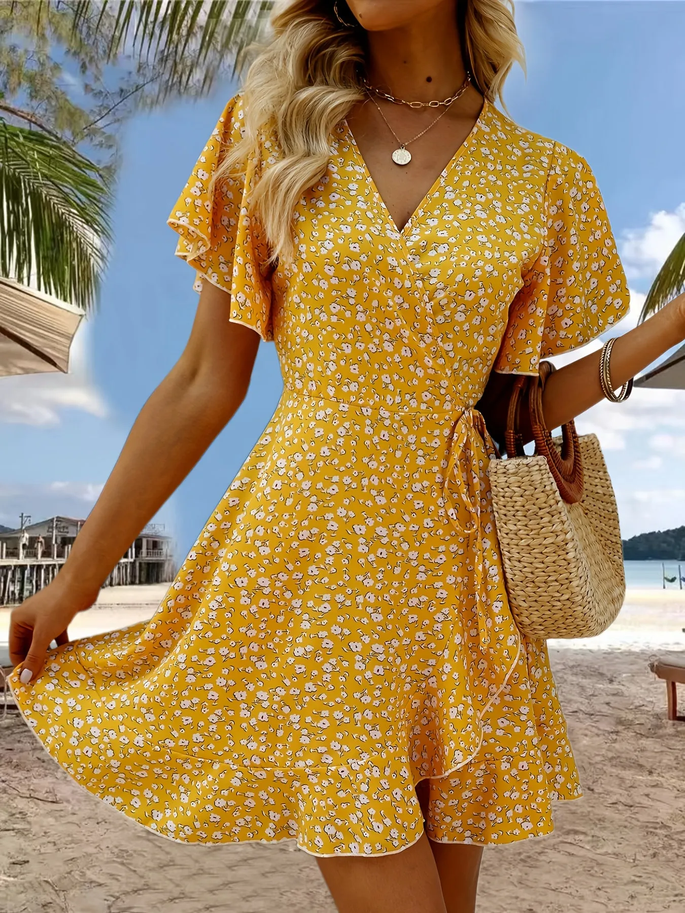 Claire™ Floral Print Ruffle Hem Wrap Dress