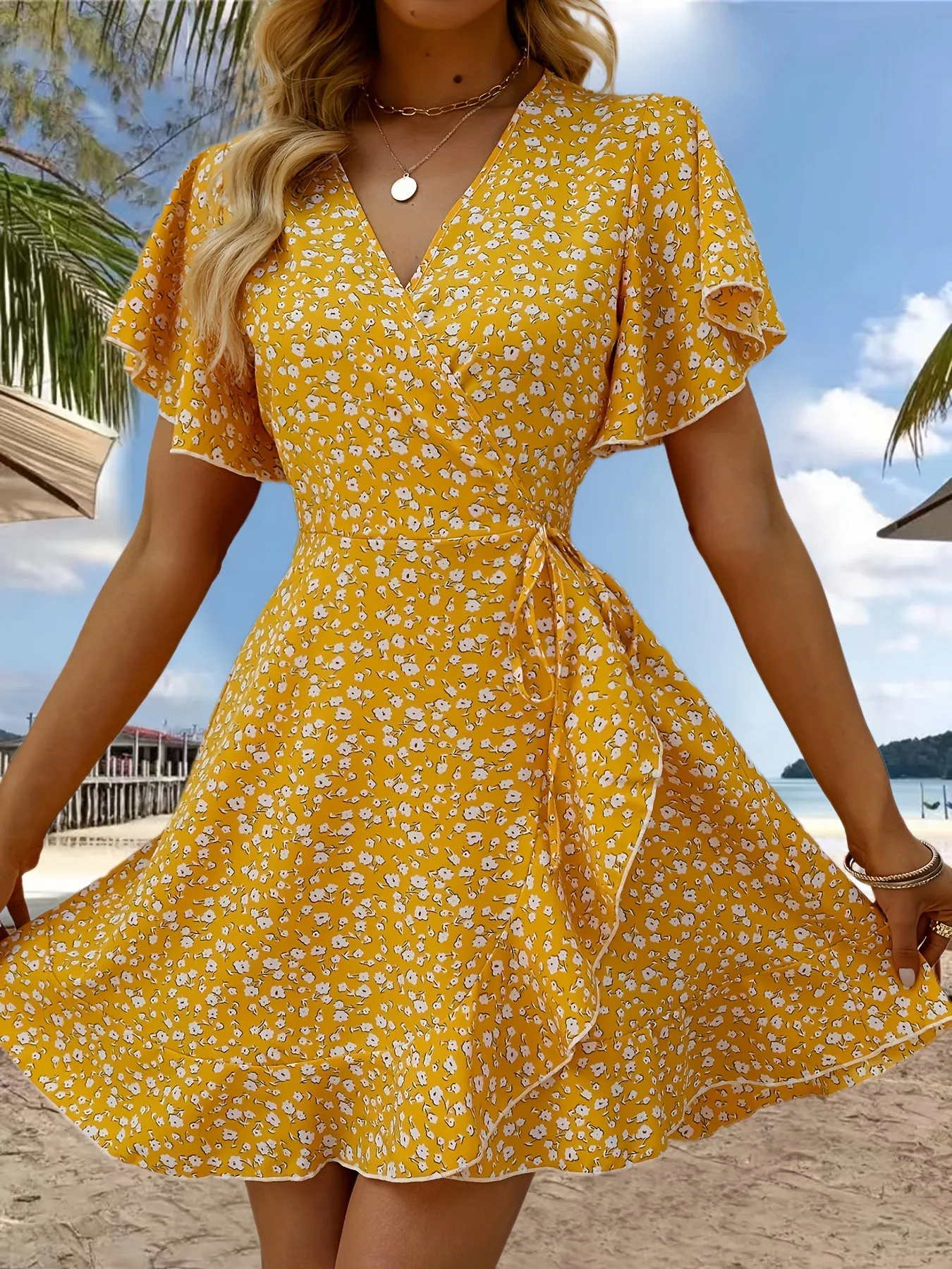 Claire™ Floral Print Ruffle Hem Wrap Dress