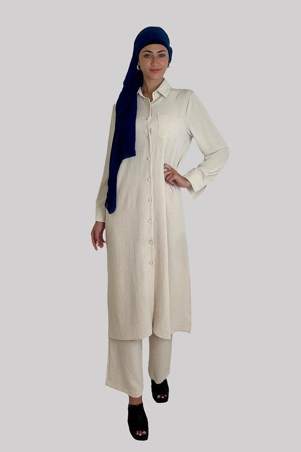 Classic Longline Button Down Shirt And Wide Leg Trousers Coord Set