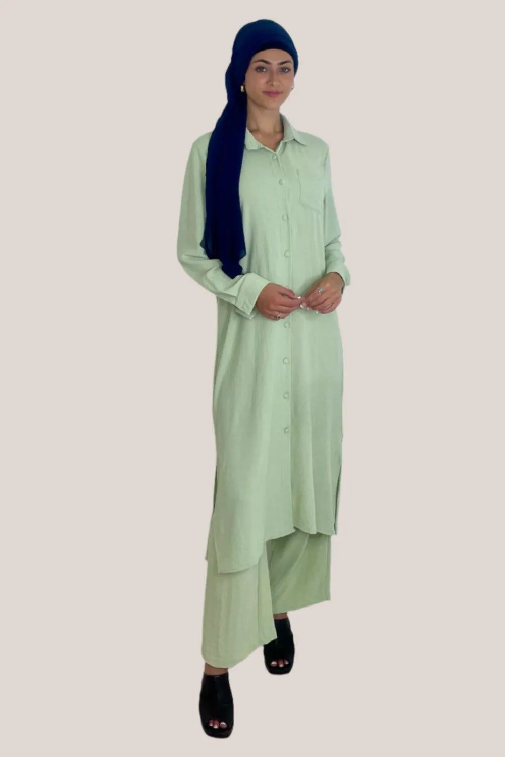 Classic Longline Button Down Shirt And Wide Leg Trousers Coord Set