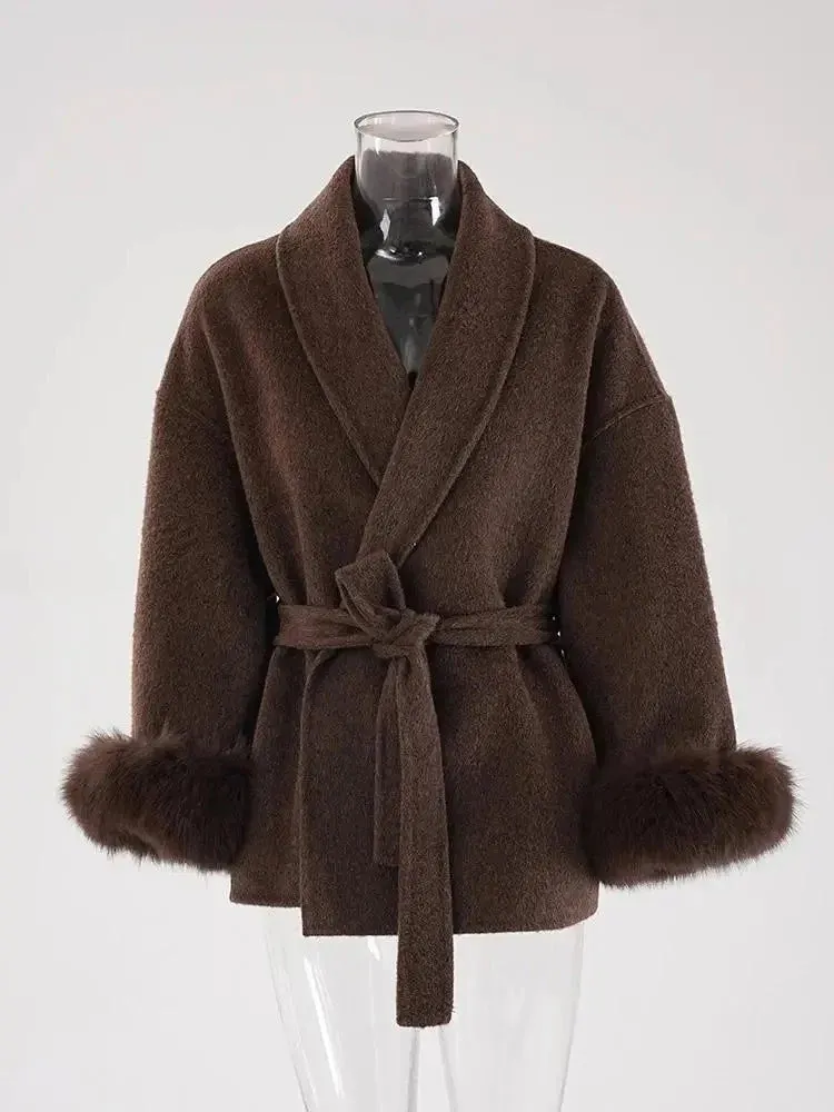 Classy Sara Fox Fur Wool wrap coat