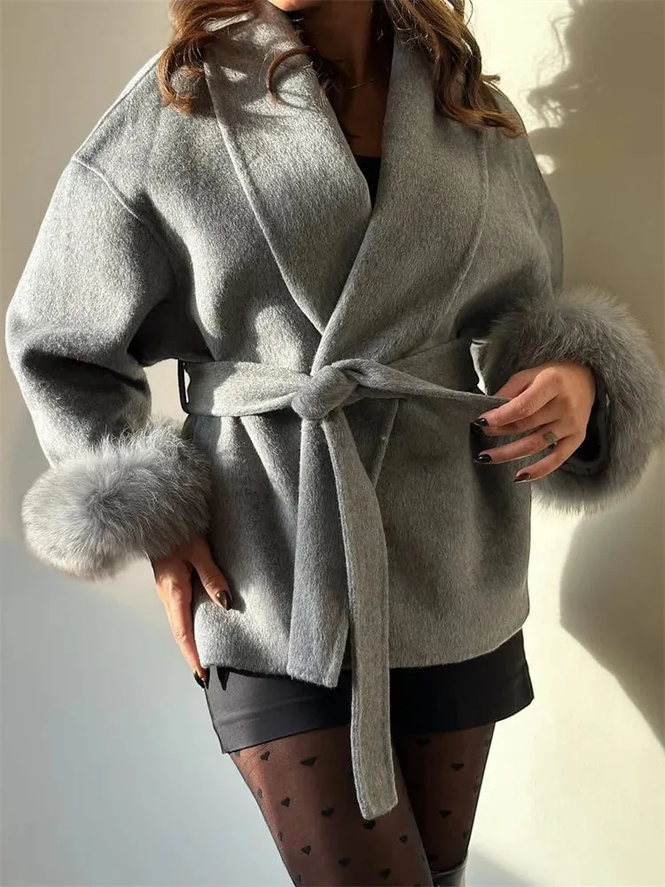 Classy Sara Fox Fur Wool wrap coat