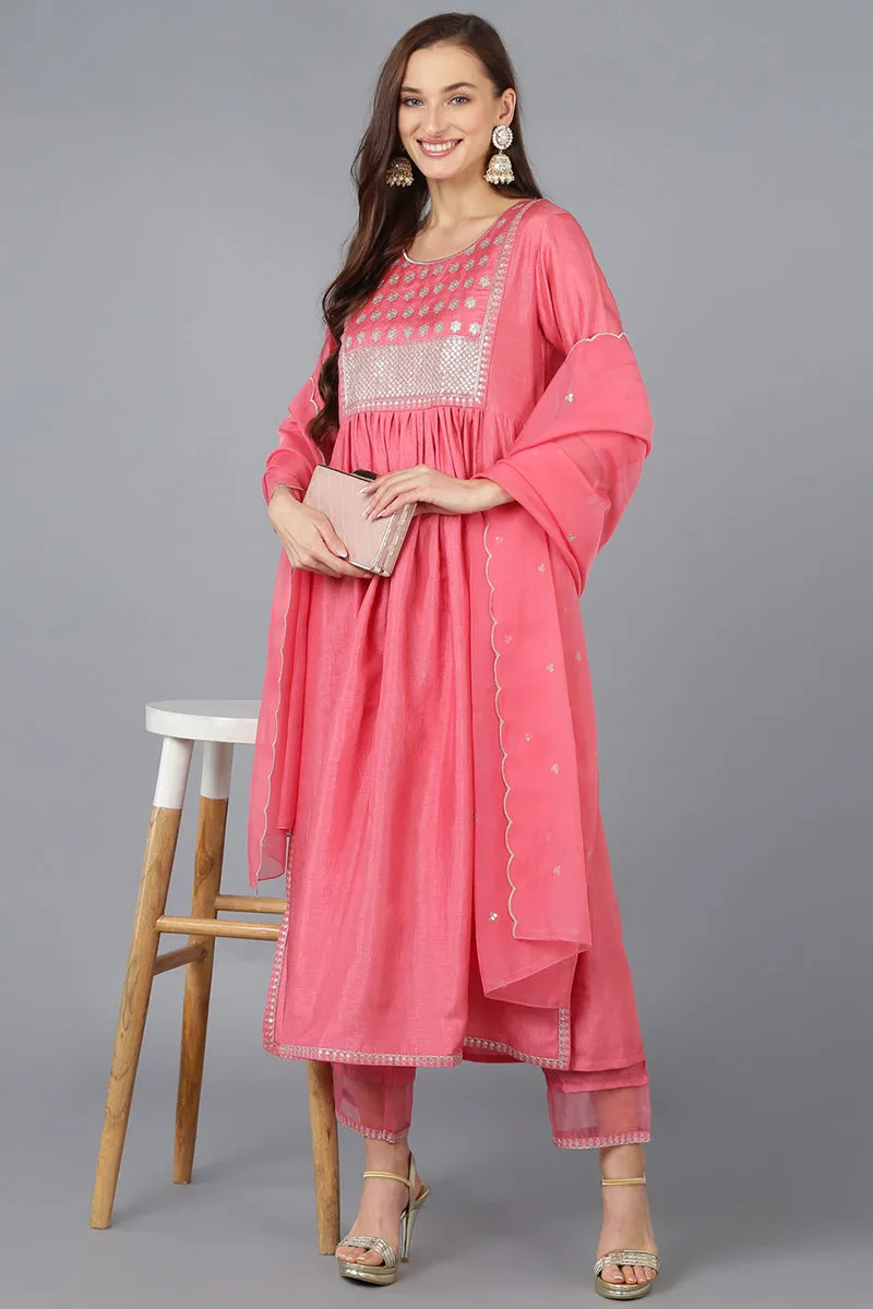 Coral Silk Blend Solid Straight Kurta Trousers With Dupatta