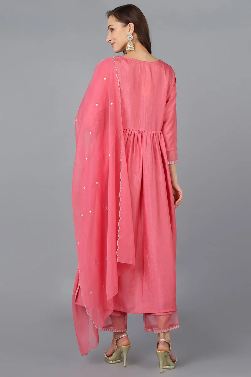 Coral Silk Blend Solid Straight Kurta Trousers With Dupatta