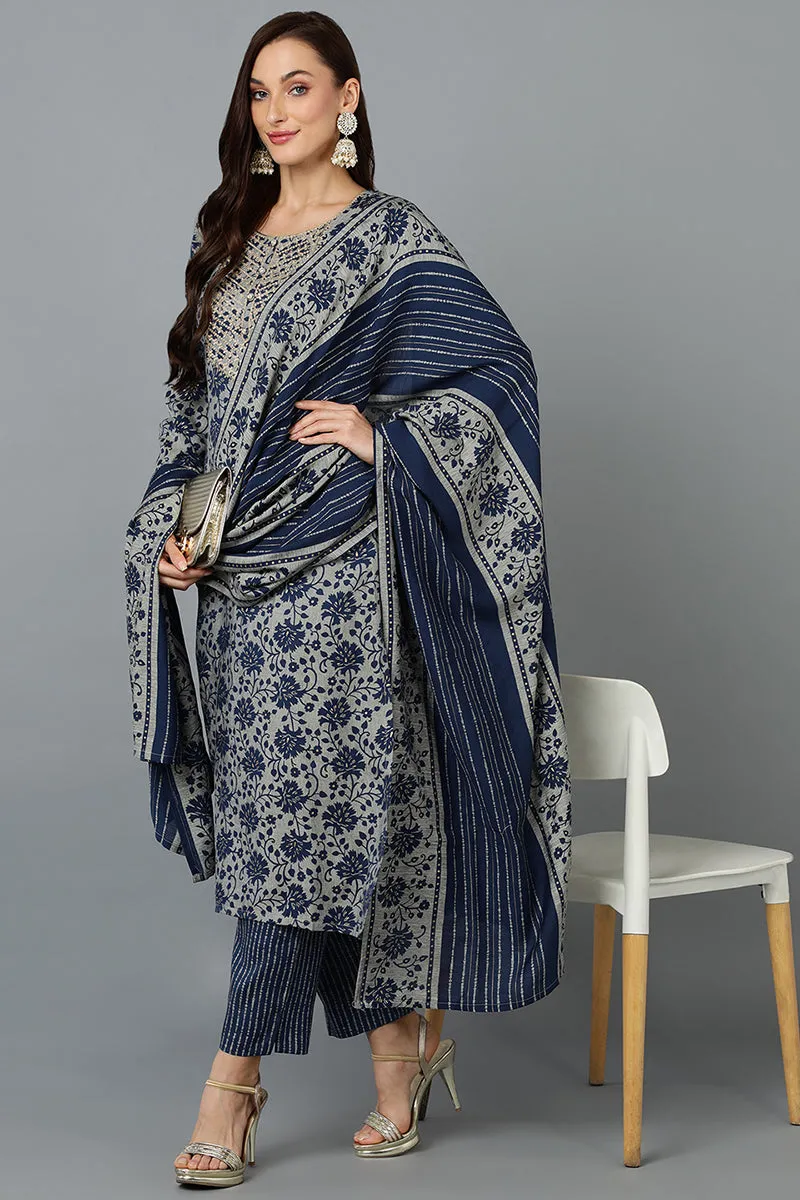 Cotton Blend Grey Straight Printed Kurta Pant With Blue Dupatta