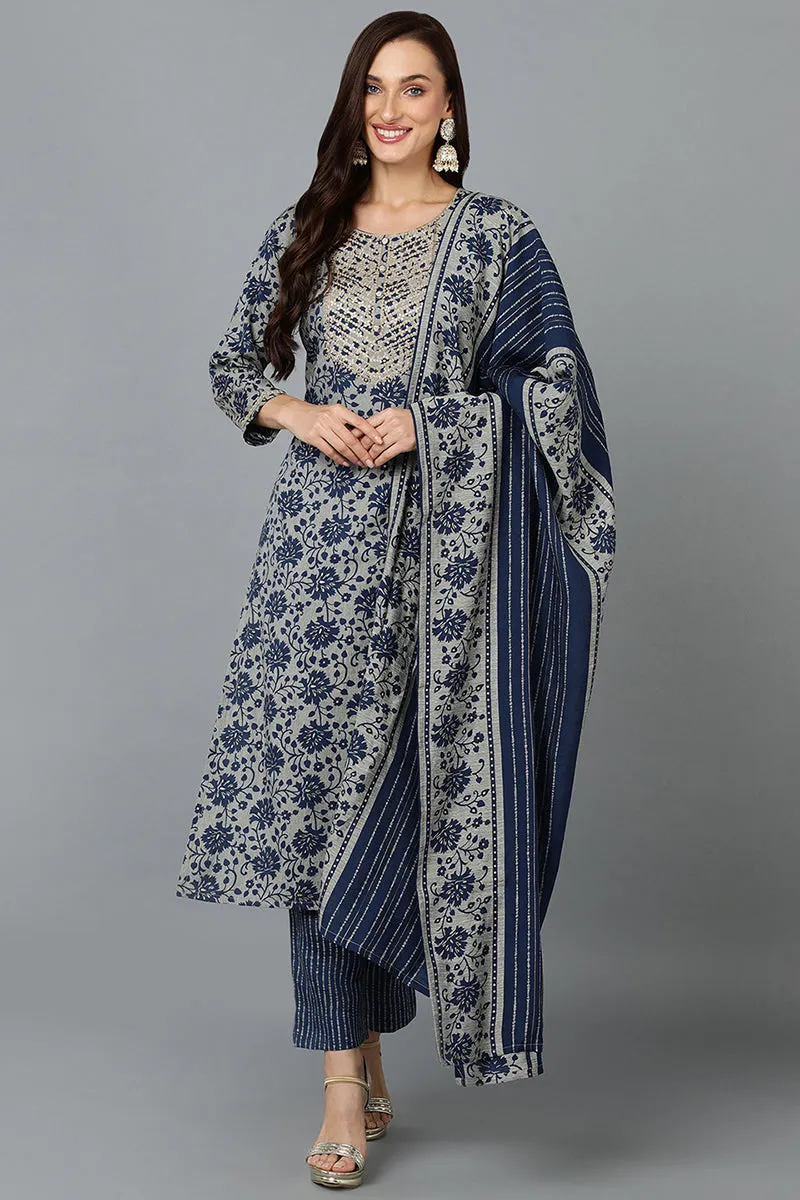 Cotton Blend Grey Straight Printed Kurta Pant With Blue Dupatta