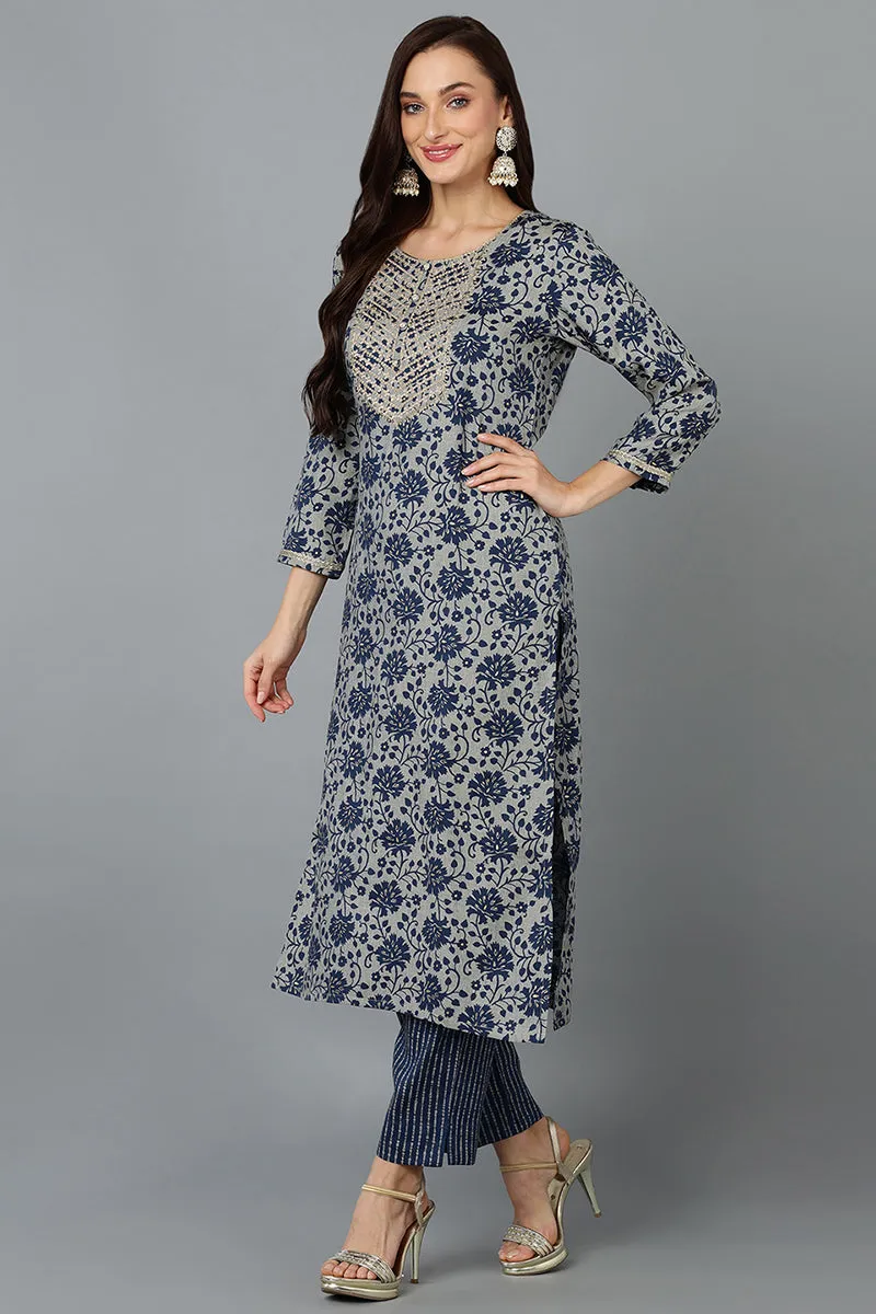 Cotton Blend Grey Straight Printed Kurta Pant With Blue Dupatta