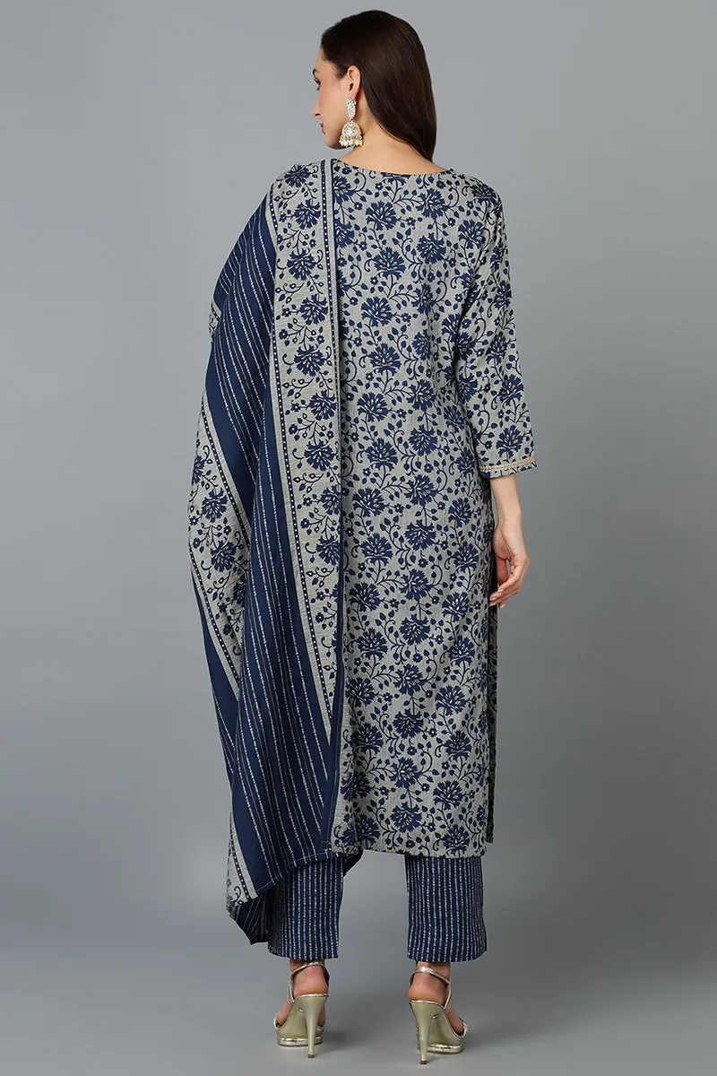 Cotton Blend Grey Straight Printed Kurta Pant With Blue Dupatta