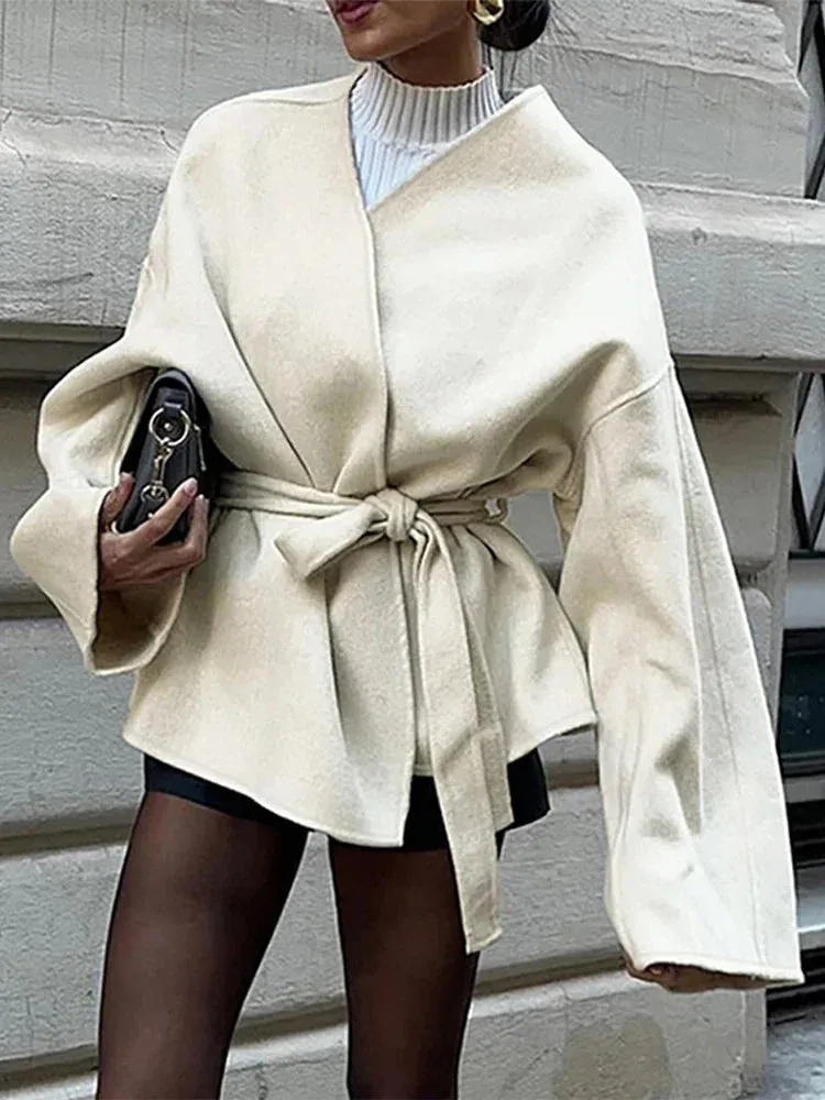 Cream White Chic Wool belted wrap Peacoat