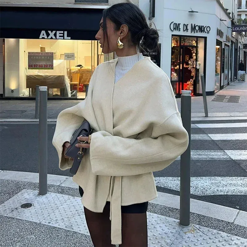 Cream White Chic Wool belted wrap Peacoat