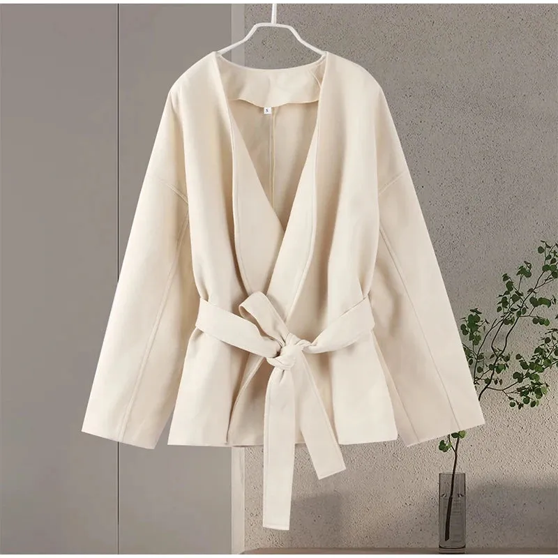 Cream White Chic Wool belted wrap Peacoat