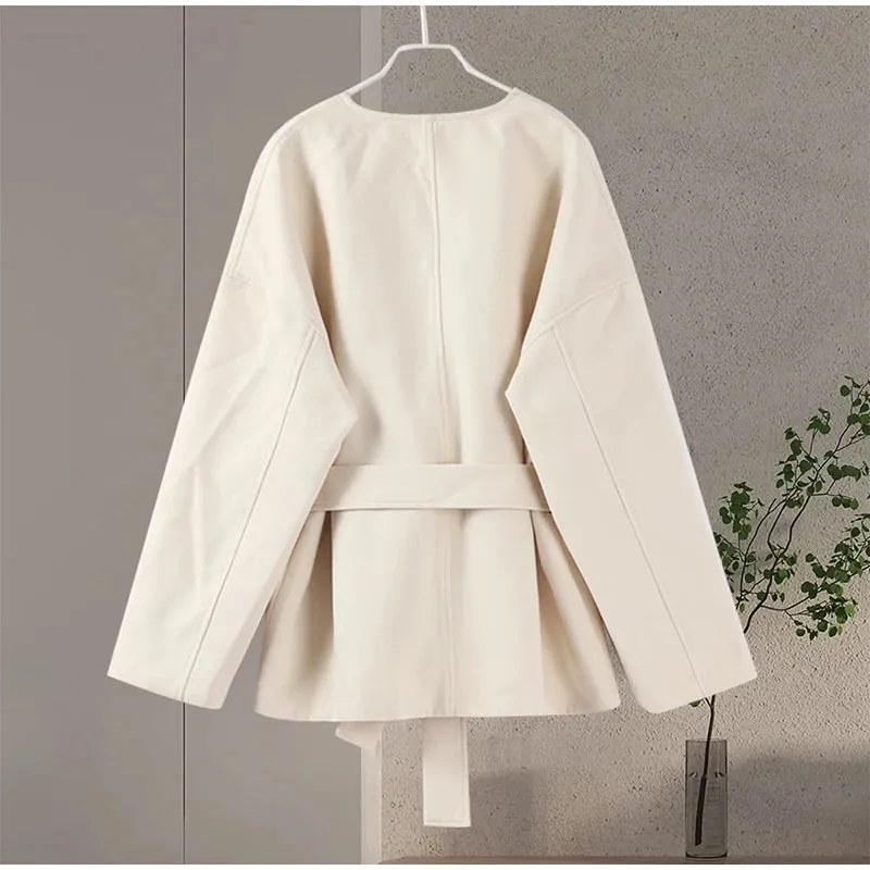 Cream White Chic Wool belted wrap Peacoat