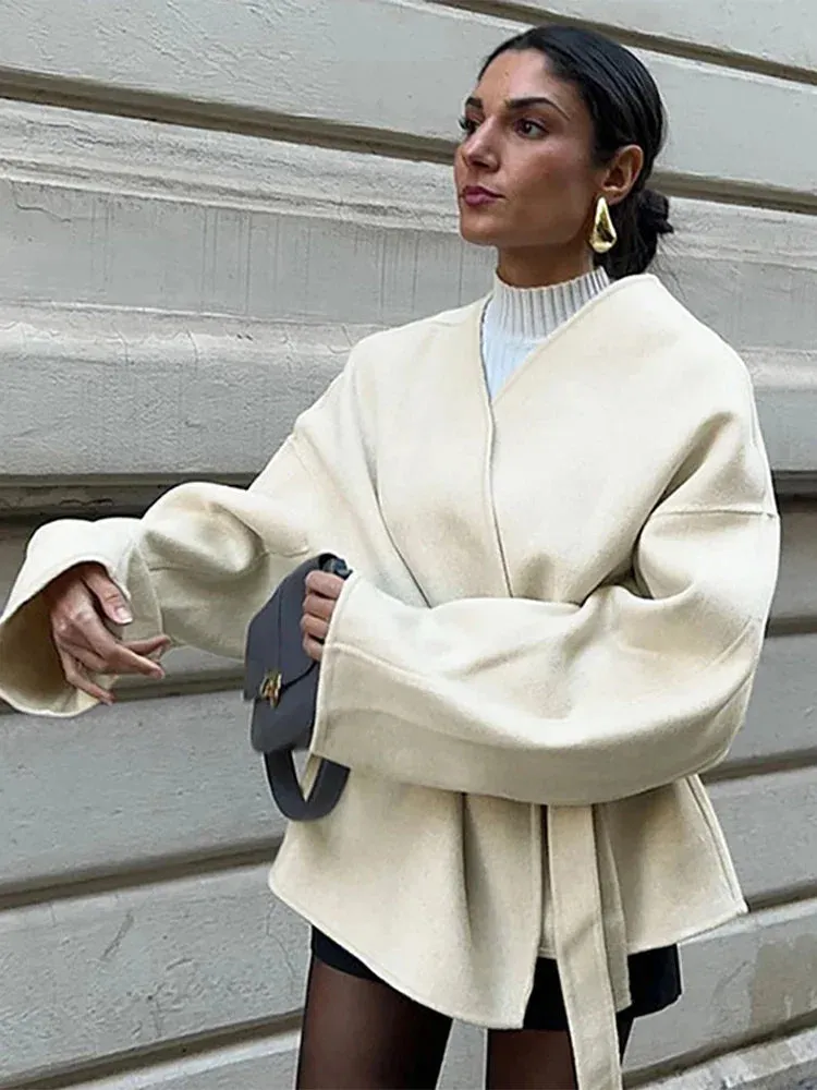 Cream White Chic Wool belted wrap Peacoat