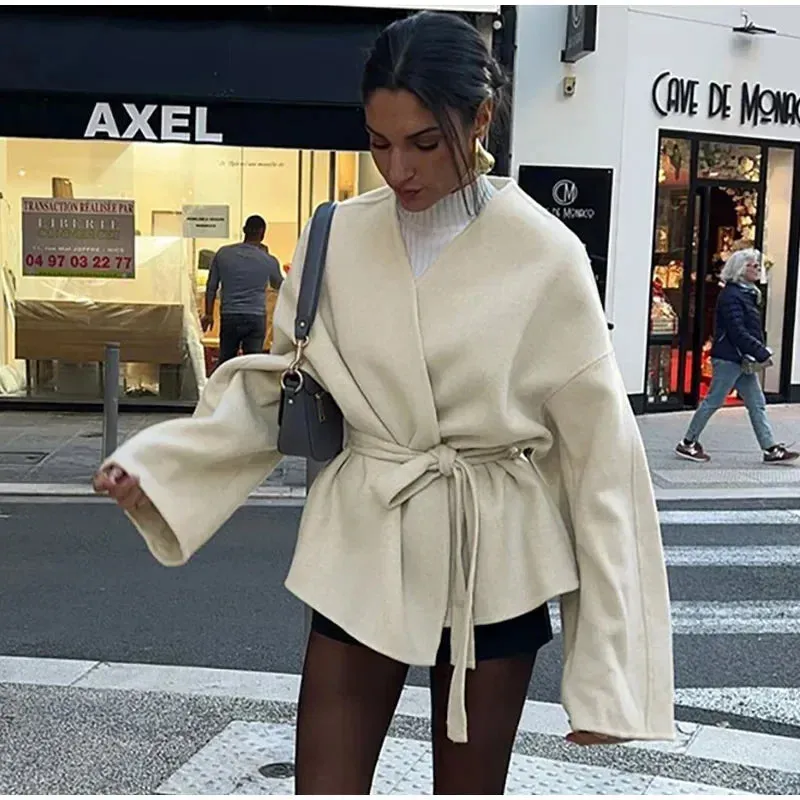 Cream White Chic Wool belted wrap Peacoat