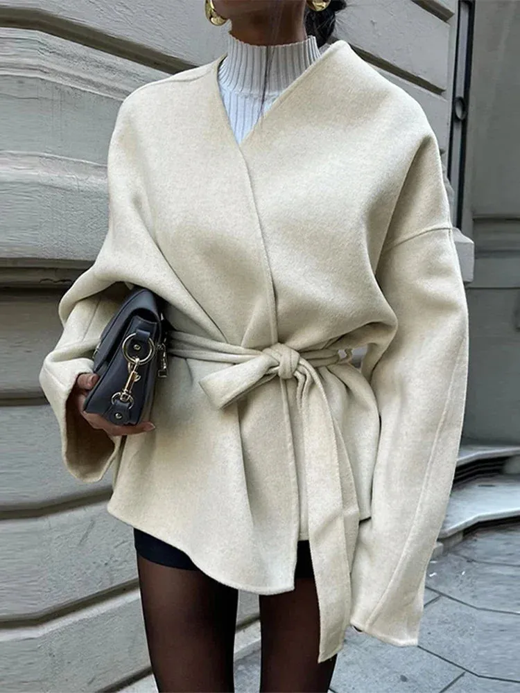 Cream White Chic Wool belted wrap Peacoat