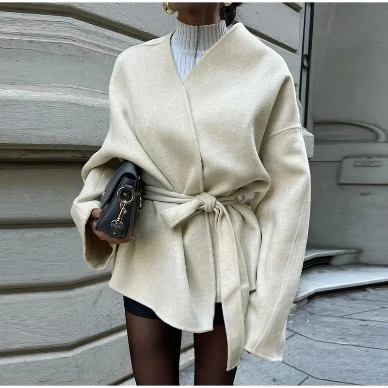 Cream White Chic Wool belted wrap Peacoat