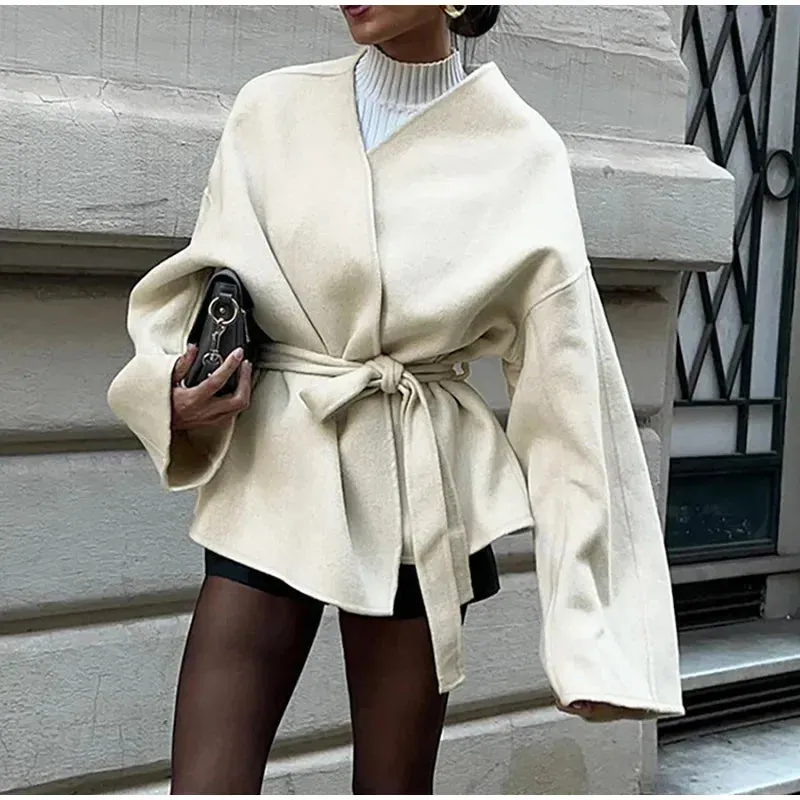 Cream White Chic Wool belted wrap Peacoat