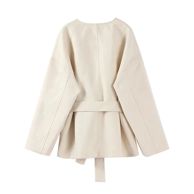 Cream White Chic Wool belted wrap Peacoat