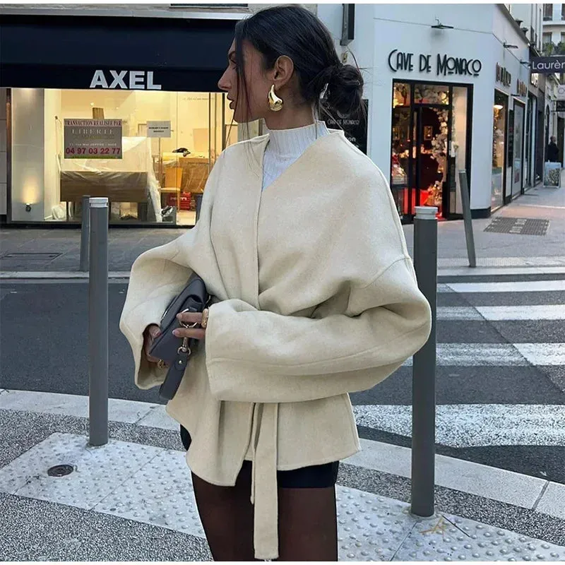 Cream White Chic Wool belted wrap Peacoat