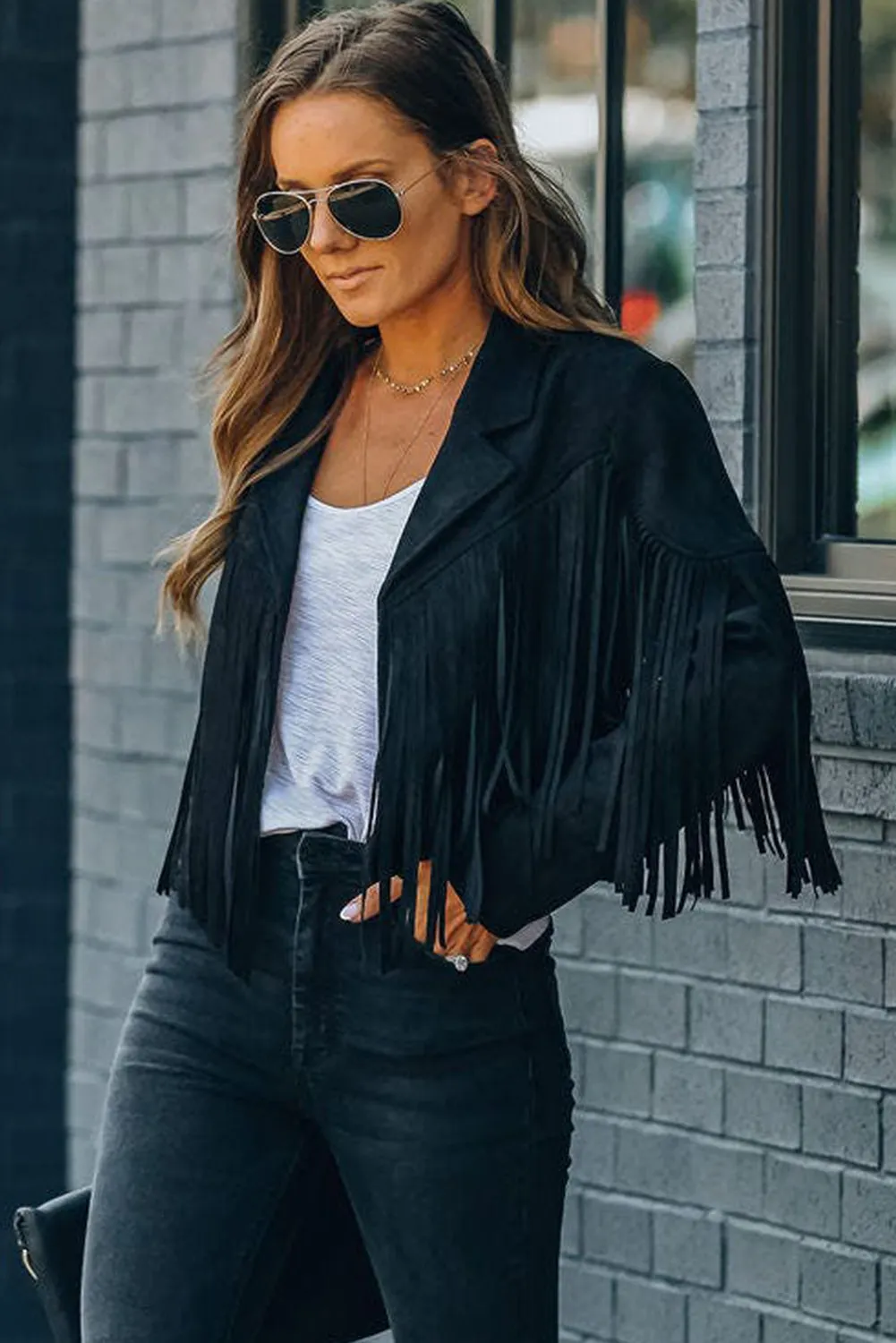 Cropped Fringe Faux Suede Jacket