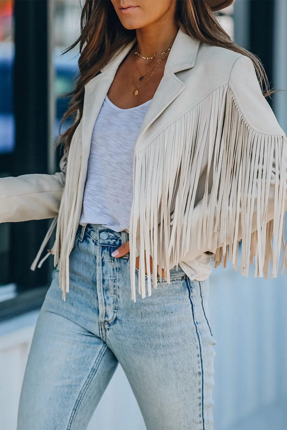 Cropped Fringe Faux Suede Jacket