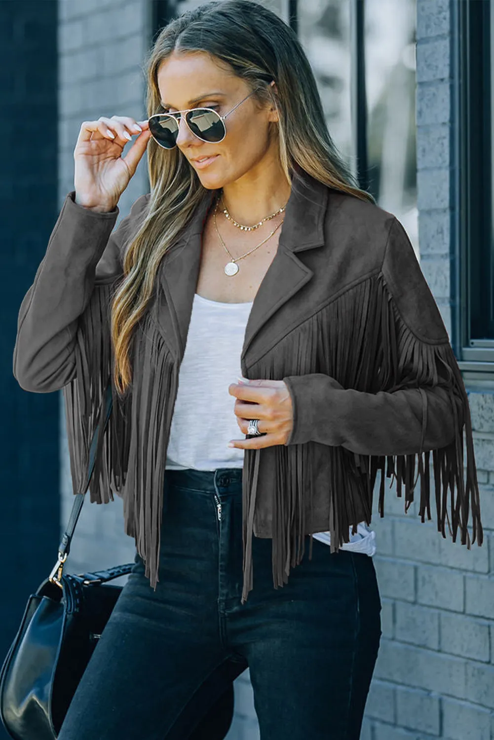 Cropped Fringe Faux Suede Jacket