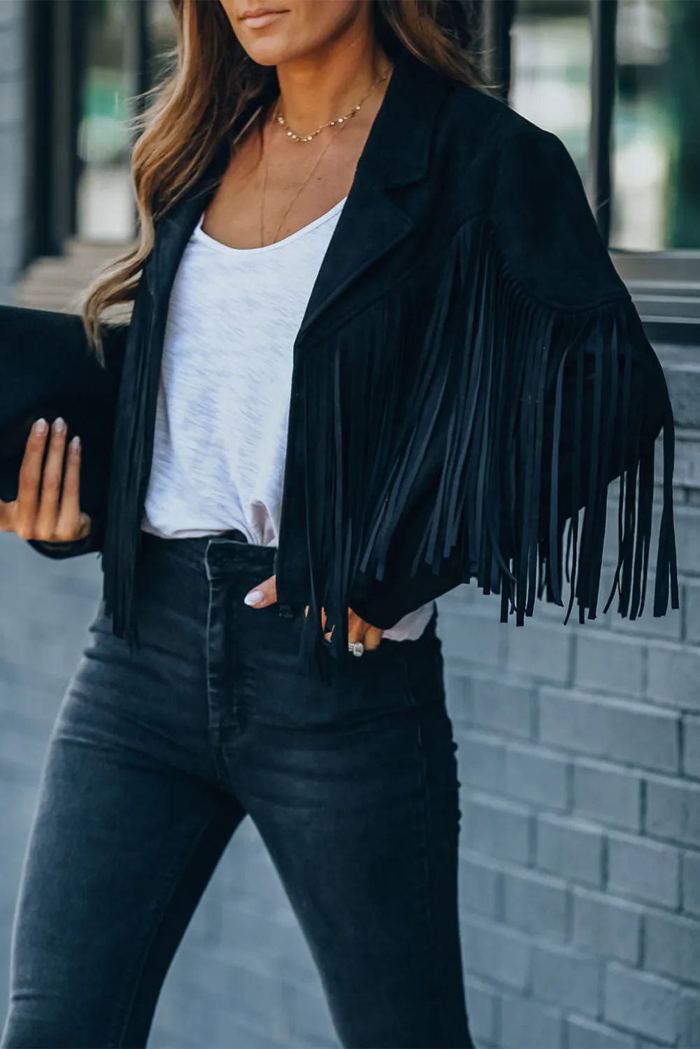 Cropped Fringe Faux Suede Jacket