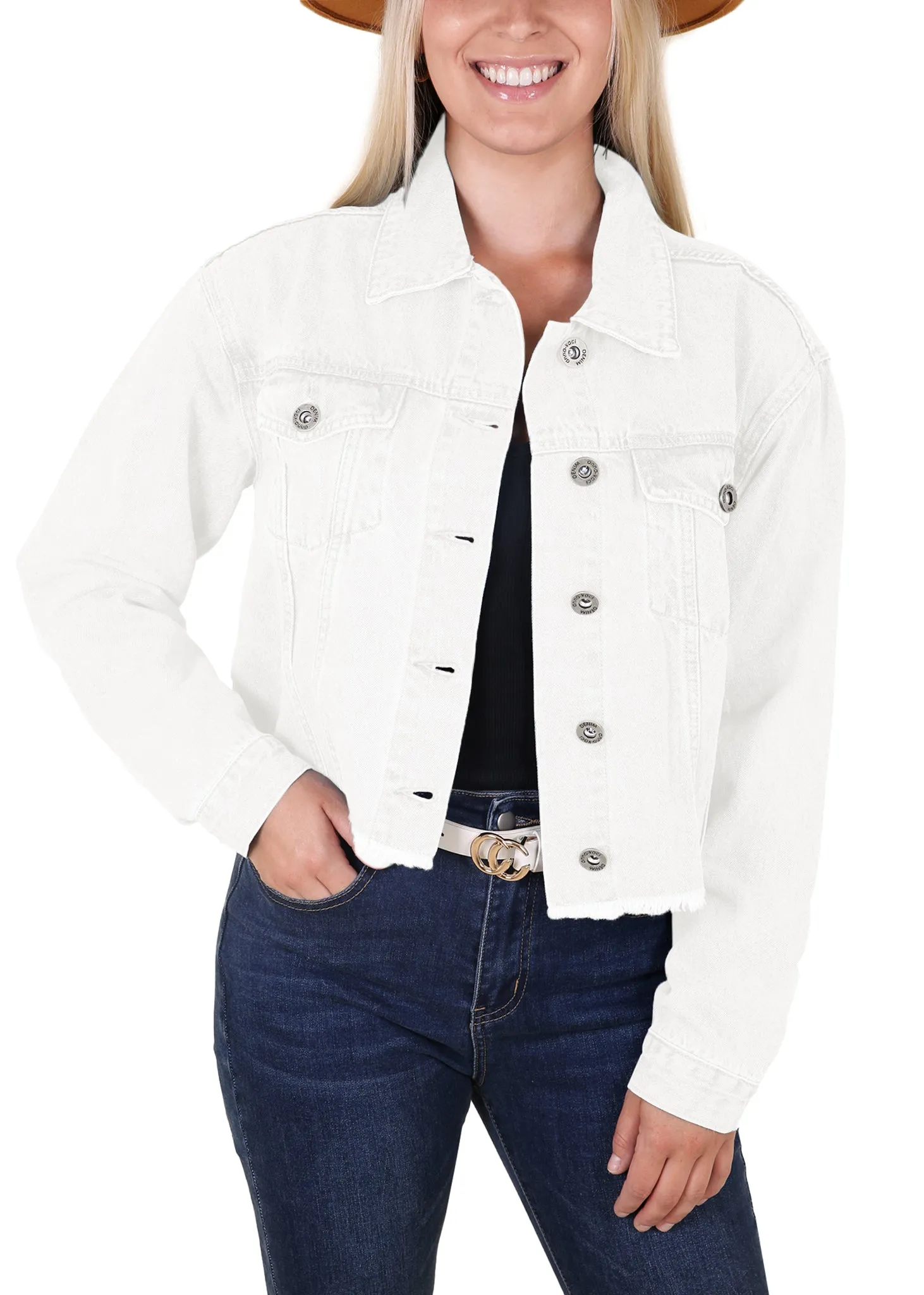 Cropped Raw Hem Denim Jacket with Pockets