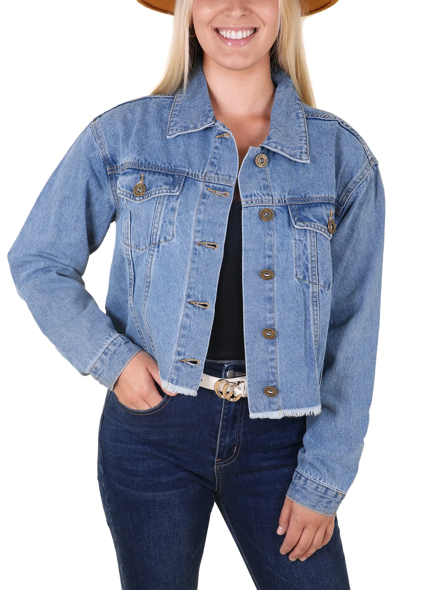 Cropped Raw Hem Denim Jacket with Pockets