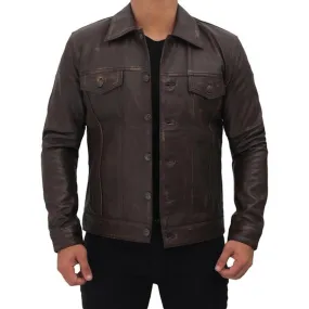 Dark Brown Leather Trucker Jacket Men