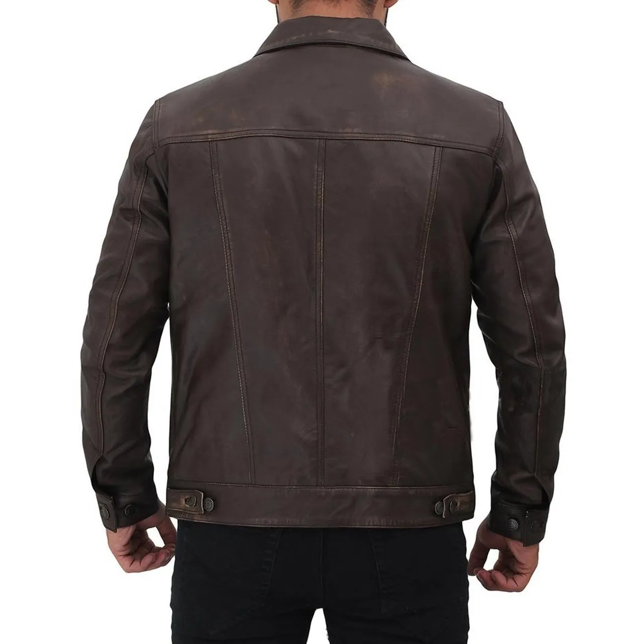 Dark Brown Leather Trucker Jacket Men