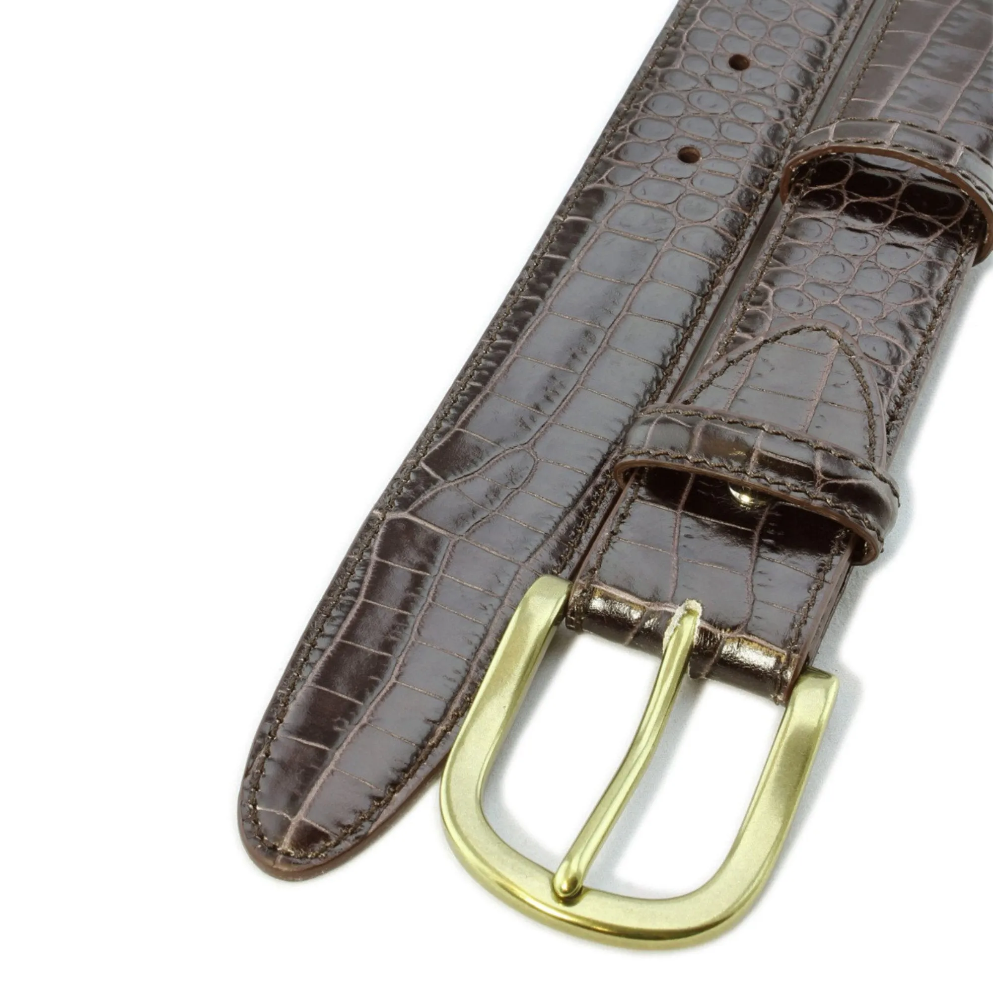 Dark brown mock crocodile belt with gold buckle