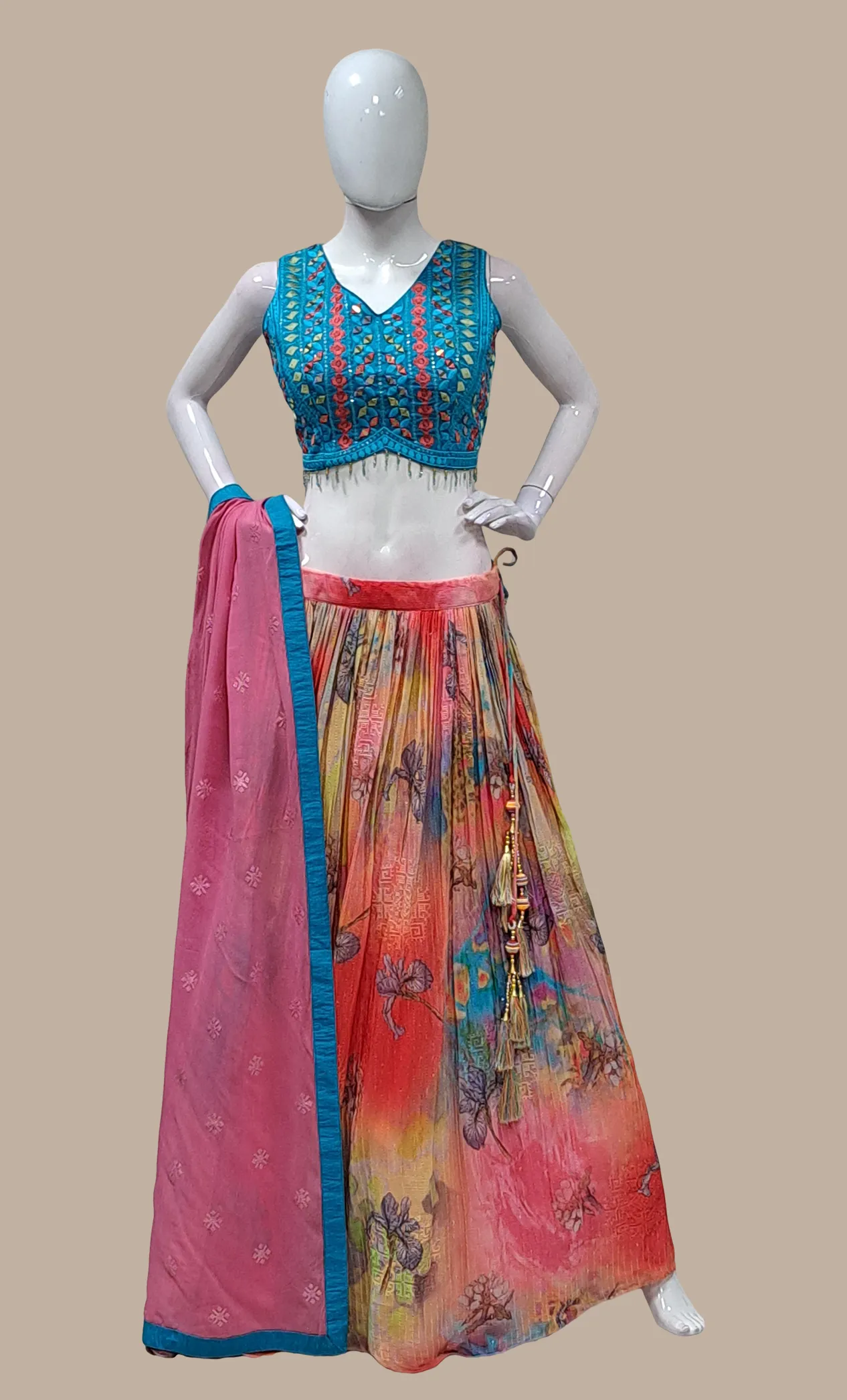 Deep Coral Embroidered Chania Choli Set