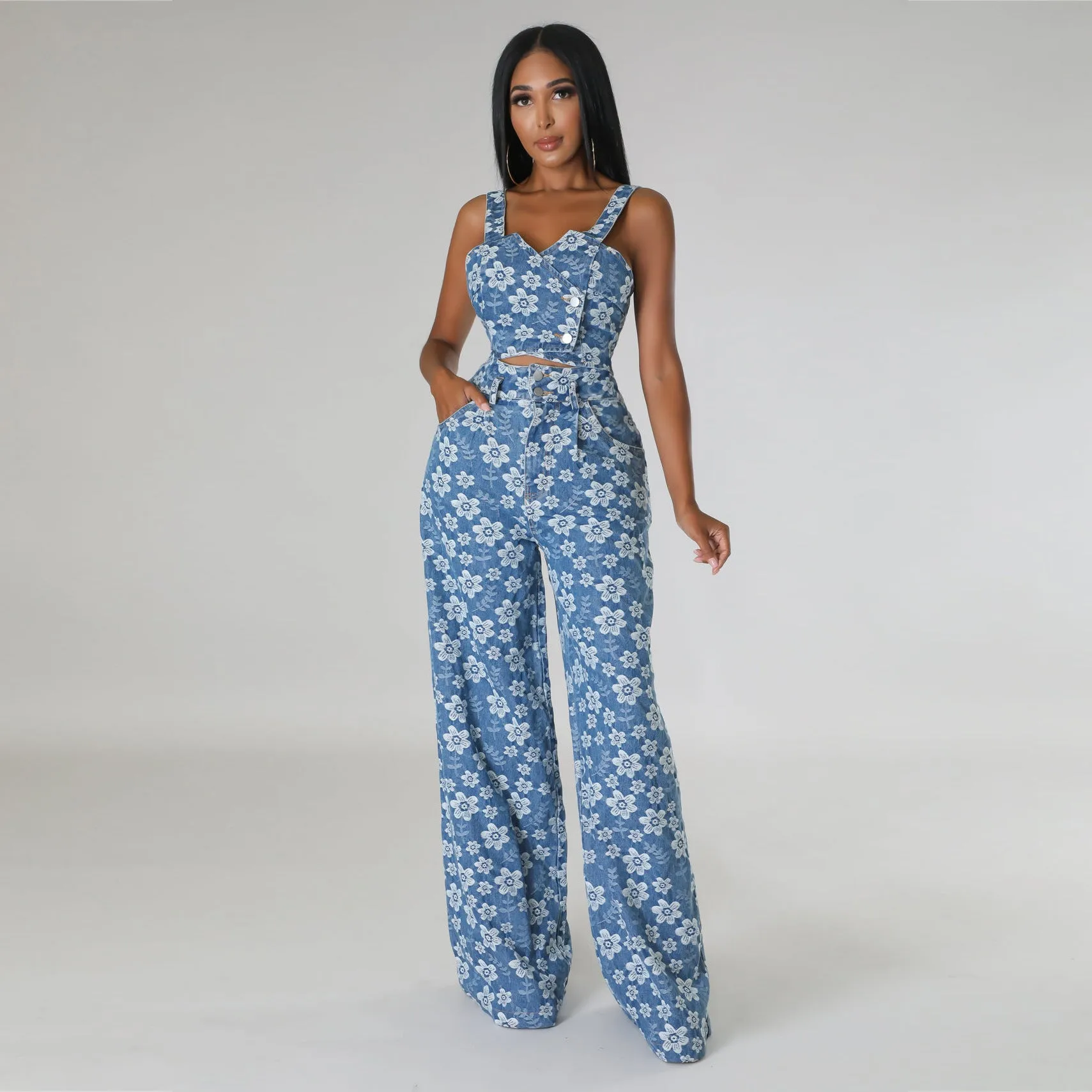 Denim Jacquard Nightclub Crop Top Wide-Leg Pants Suit