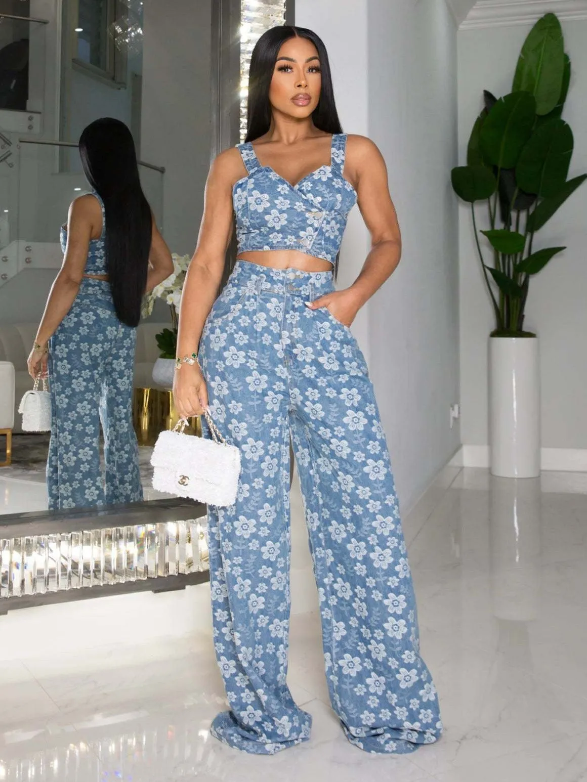 Denim Jacquard Nightclub Crop Top Wide-Leg Pants Suit