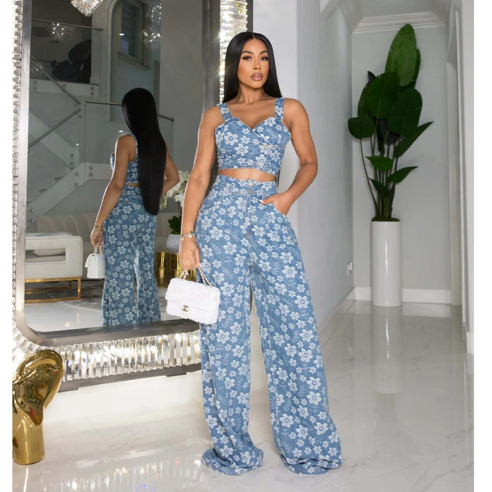 Denim Jacquard Nightclub Crop Top Wide-Leg Pants Suit