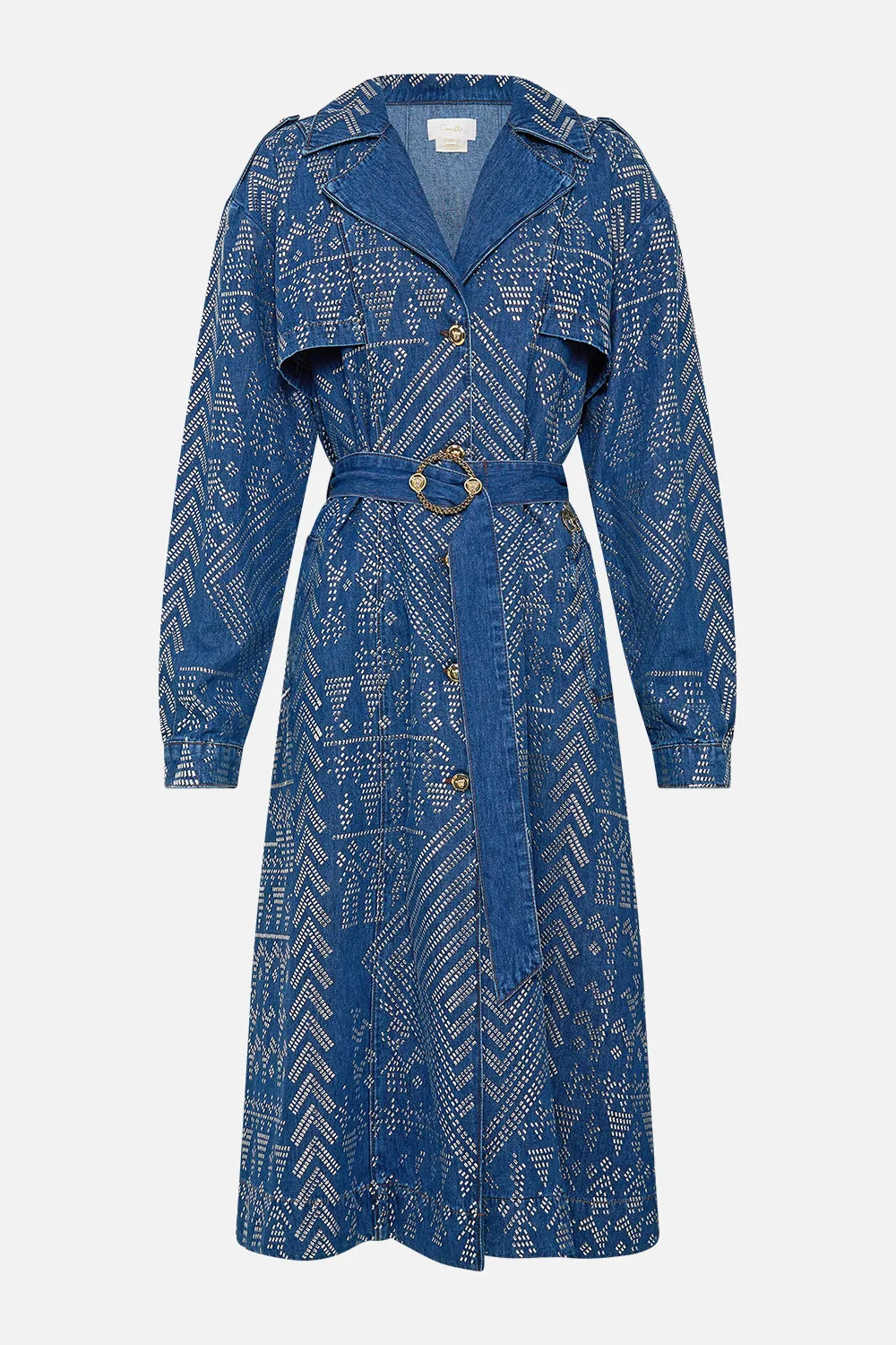 DESERT REIGN LONGLINE BELTED TRENCH COAT DENIM