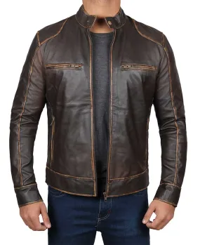 Dodge Vintage Brown Leather Cafe Racer Jacket